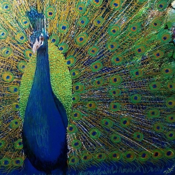 AT THE GALLERY Hand Crafted Peacock Resin Painting Pea Fowl - Picture 4 of 8